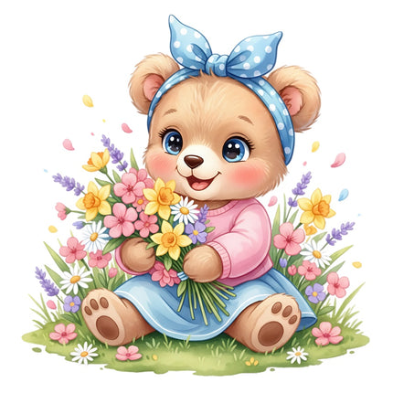 Floral Girl Bear 100% Cotton Fabric Panel Block Quilt Square AAB342
