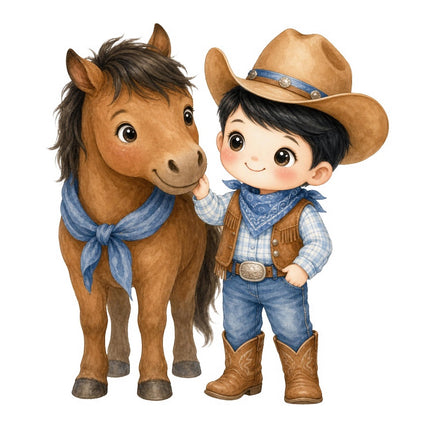 Little Cowboy & Horse 100% Cotton Fabric Panel Block FLIP-AAB349