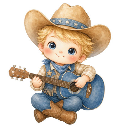 Little Cowboy Kid Playing Guitar 100% Cotton Fabric Panel Block FLIP-AAB350