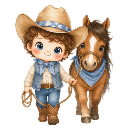 Little Cowboy Kid With Horse 100% Cotton Fabric Panel Block FLIP-AAB354