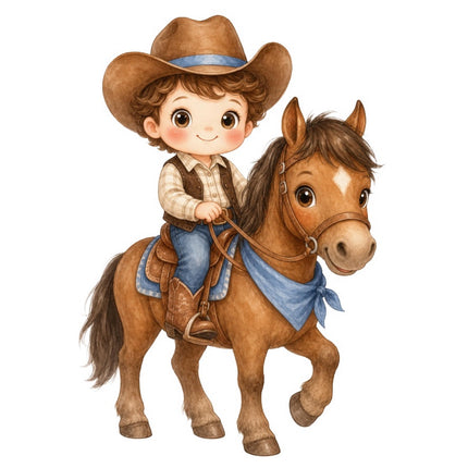 Little Cowboy Kid With Horse 100% Cotton Fabric Panel Block FLIP-AAB355