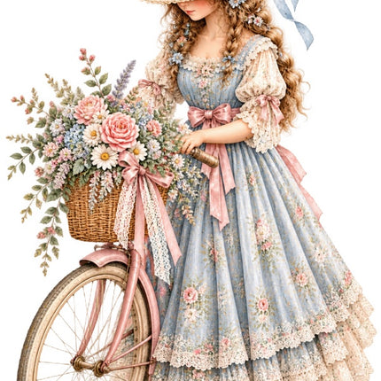 Floral Girl With Bicycle 100% Cotton Fabric Panel Block AAB4030