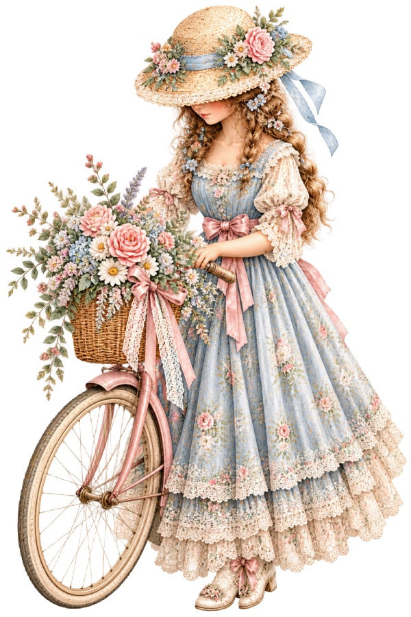 Floral Girl With Bicycle 100% Cotton Fabric Panel Block AAB4030