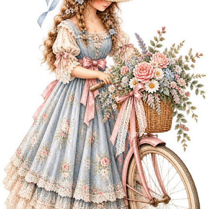 Floral Girl With Bicycle 100% Cotton Fabric Panel Block FLIP-AAB4030