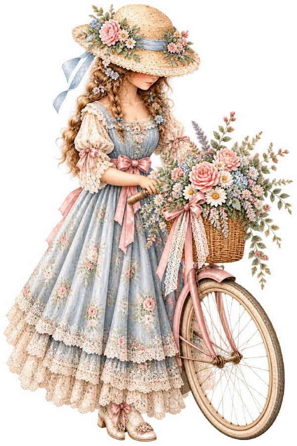 Floral Girl With Bicycle 100% Cotton Fabric Panel Block FLIP-AAB4030