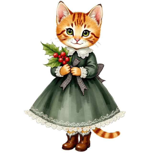 Festive Victorian Cat 100% Cotton Fabric Panel Block Quilt Square AAB4034
