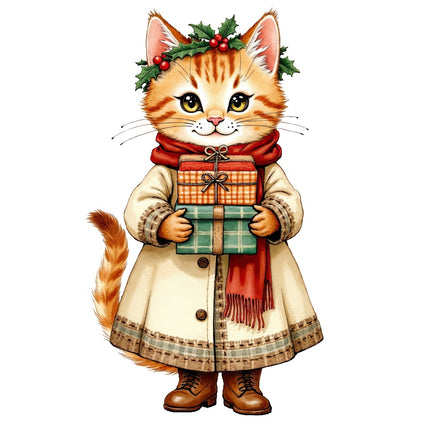 Christmas Victorian Cat 100% Cotton Fabric Panel Block Quilt Square AAB4043