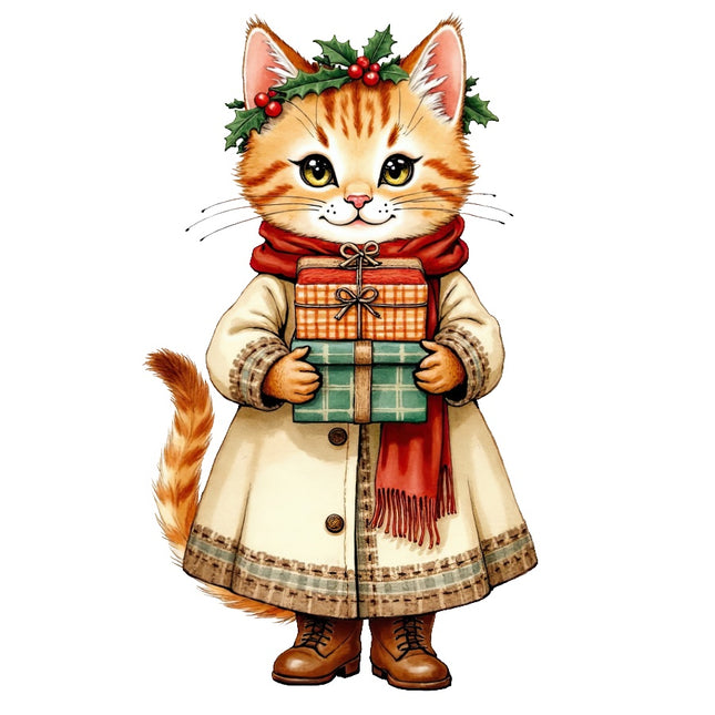 Christmas Victorian Cat 100% Cotton Fabric Panel Block Quilt Square AAB4043