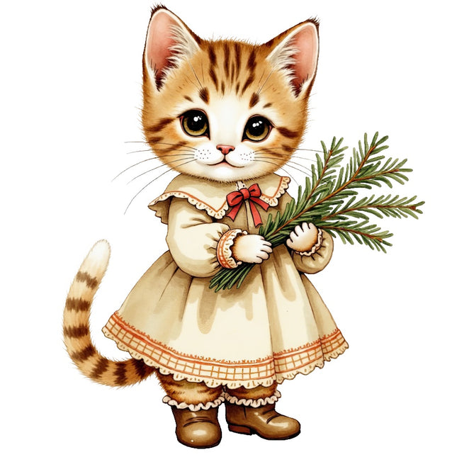 Christmas Victorian Cat 100% Cotton Fabric Panel Block Quilt Square AAB4044