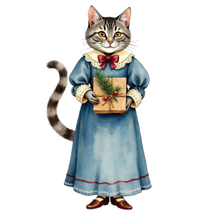 Christmas Victorian Cat 100% Cotton Fabric Panel Block Quilt Square AAB4048