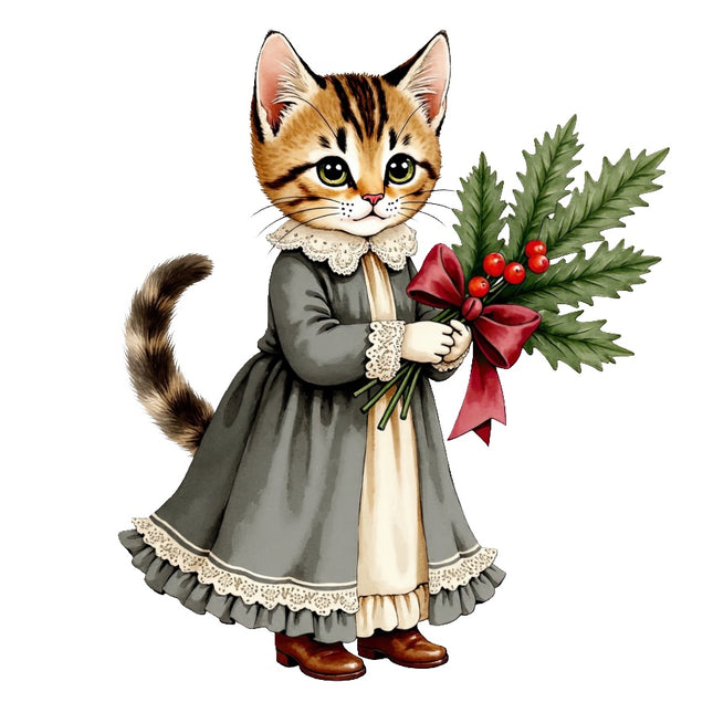 Christmas Victorian Cat 100% Cotton Fabric Panel Block AAB4053