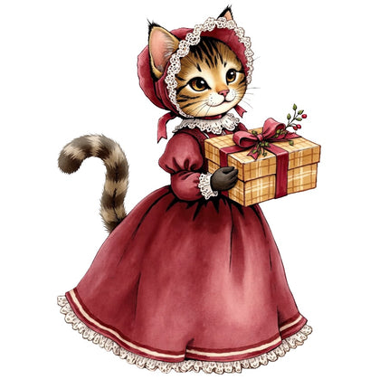 Christmas Victorian Cat 100% Cotton Fabric Panel Block AAB4056