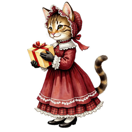 Christmas Victorian Cat 100% Cotton Fabric Panel Block AAB4058