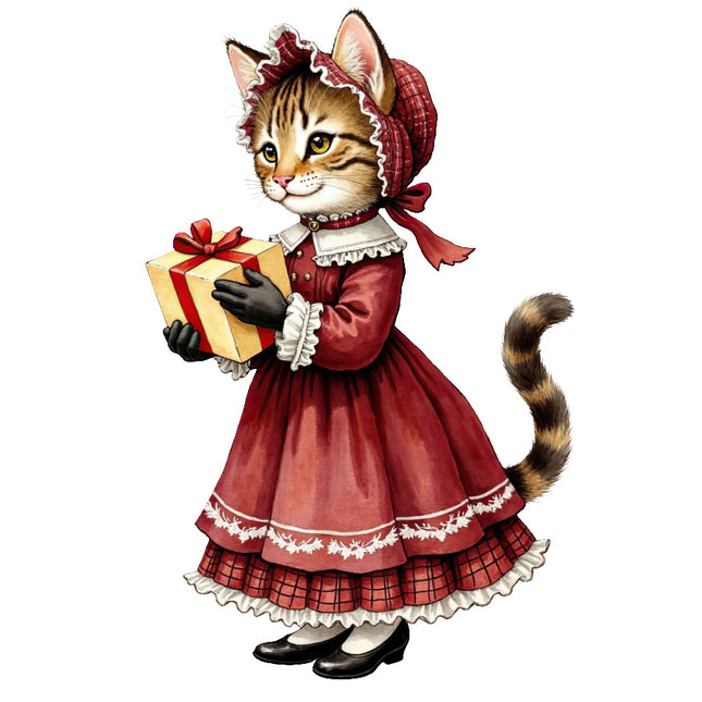 Christmas Victorian Cat 100% Cotton Fabric Panel Block AAB4058