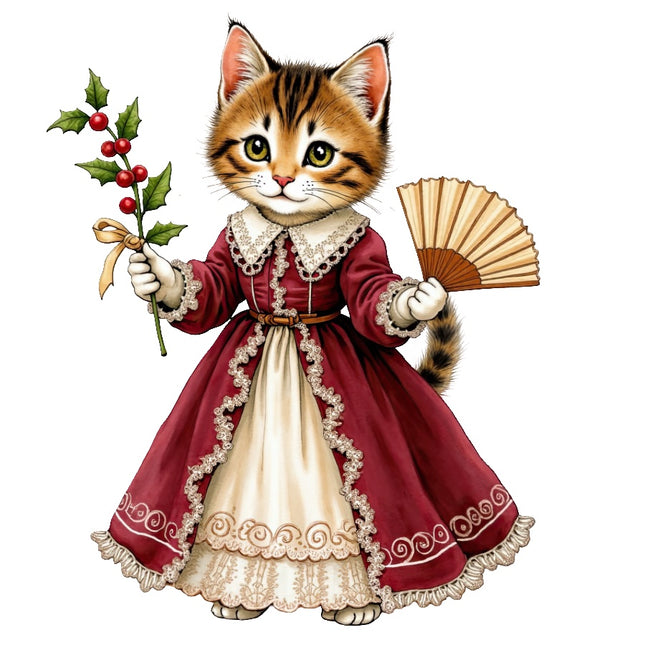 Christmas Victorian Cat 100% Cotton Fabric Panel Block AAB4065