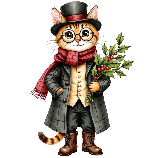 Christmas Victorian Cat 100% Cotton Fabric Panel Block AAB4067
