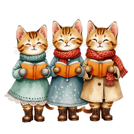 Christmas Caroling Cats 100% Cotton Fabric Panel Block AAB4068