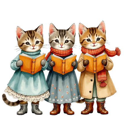 Christmas Caroling Cats 100% Cotton Fabric Panel Block AAB4069
