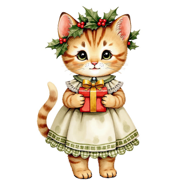 Christmas Victorian Cat 100% Cotton Fabric Panel Block AAB4075