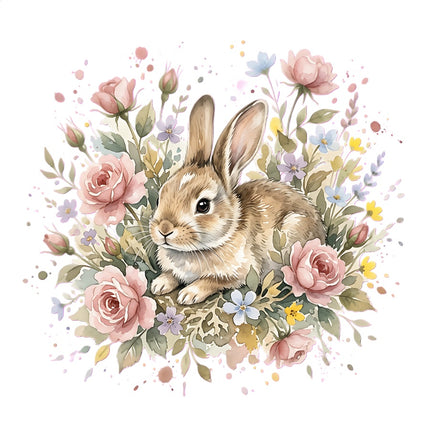 Floral Bunny Rabbit 100% Cotton Fabric Panel Block Quilt Square AAB5001