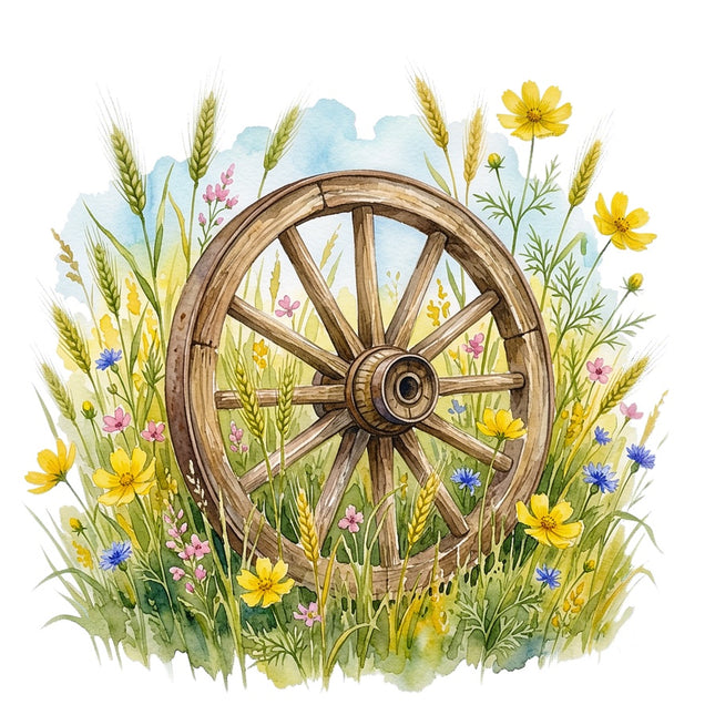 Floral Wood Wagon Wheel 100% Cotton Fabric Panel Block AAB5040