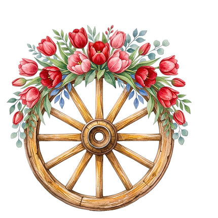 Floral Wood Wagon Wheel 100% Cotton Fabric Panel Block AAB5042