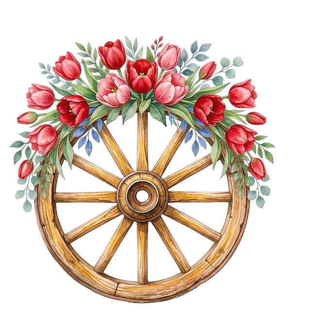 Floral Wood Wagon Wheel 100% Cotton Fabric Panel Block AAB5042