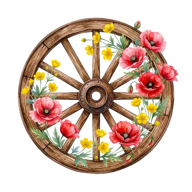 Floral Wood Wagon Wheel 100% Cotton Fabric Panel Block AAB5043
