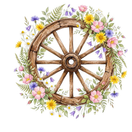 Floral Wood Wagon Wheel 100% Cotton Fabric Panel Block Quilt Square AAB5044