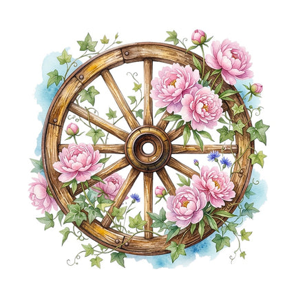 Floral Wood Wagon Wheel 100% Cotton Fabric Panel Block Quilt Square AAB5046