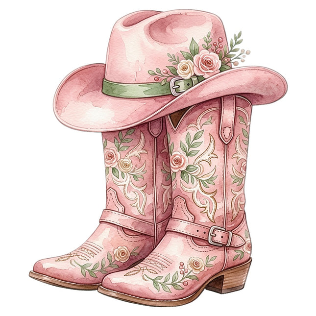 Pink Cowgirl Boots & Hat 100% Cotton Fabric Panel Block Quilt Square AAB5063