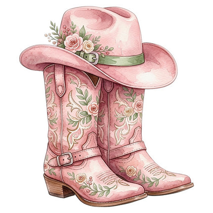Pink Cowgirl Boots & Hat 100% Cotton Fabric Panel Block Quilt Square FLIP-AAB5063