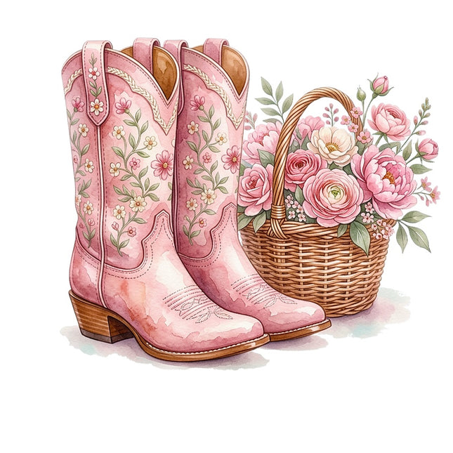 Pink Cowgirl Boots & Flowers 100% Cotton Fabric Panel Block Quilt Square AAB5064
