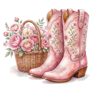 Pink Cowgirl Boots & Flowers 100% Cotton Fabric Panel Block Quilt Square FLIP-AAB5064
