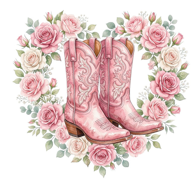 Pink Cowgirl Boots & Flowers 100% Cotton Fabric Panel Block Quilt Square AAB5065
