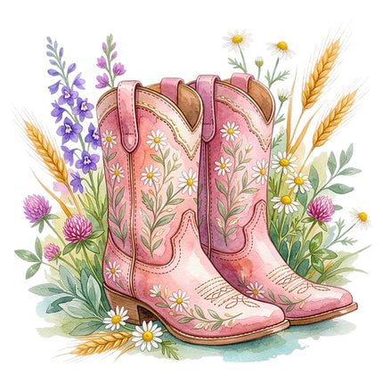 Pink Cowgirl Boots & Flowers 100% Cotton Fabric Panel Block Quilt Square AAB5066