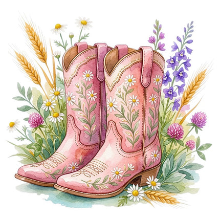 Pink Cowgirl Boots & Flowers 100% Cotton Fabric Panel Block FLIP-AAB5066