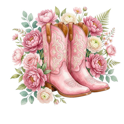 Pink Cowgirl Boots & Flowers 100% Cotton Fabric Panel Block Quilt Square AAB5067