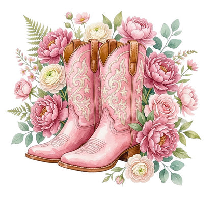 Pink Cowgirl Boots & Flowers 100% Cotton Fabric Panel Block FLIP-AAB5067