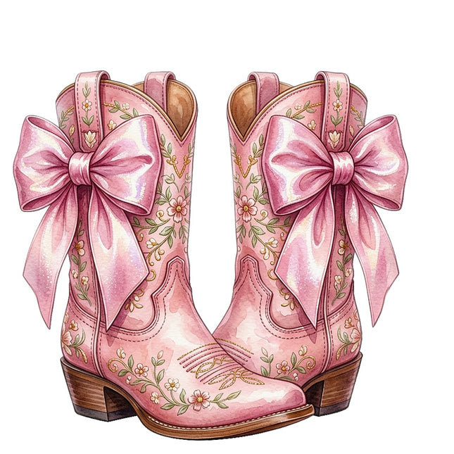 Pink Cowgirl Boots & Bows 100% Cotton Fabric Panel Block Quilt Square AAB5068