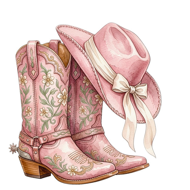 Pink Cowgirl Boots & Hat 100% Cotton Fabric Panel Block Quilt Square AAB5070
