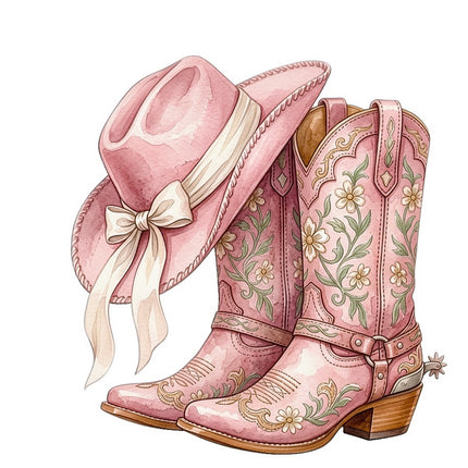 Pink Cowgirl Boots & Hat 100% Cotton Fabric Panel Block FLIP-AAB5070