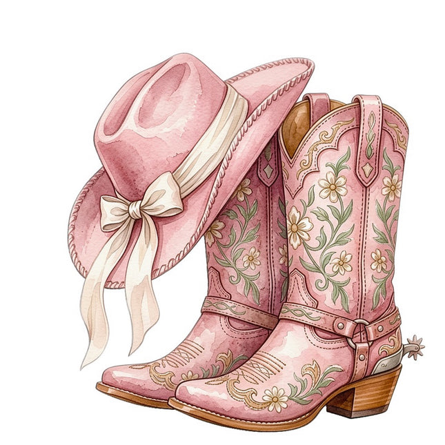 Pink Cowgirl Boots & Hat 100% Cotton Fabric Panel Block FLIP-AAB5070