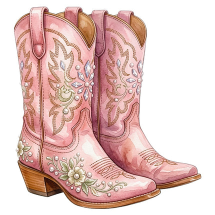 Pink Cowgirl Boots 100% Cotton Fabric Panel Block Quilt Square AAB5072