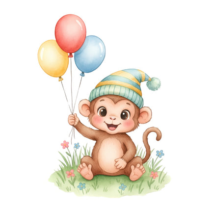 Monkey Holding Balloons 100% Cotton Fabric Panel Block Quilt Square AAB903
