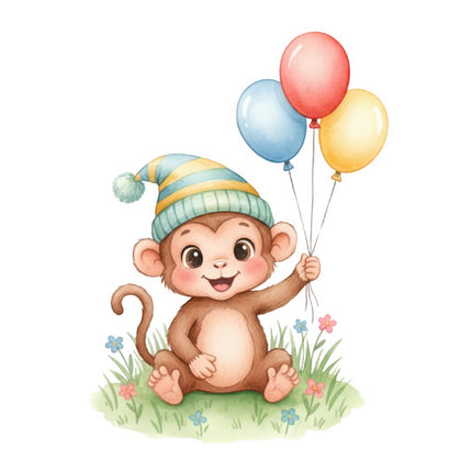 Monkey Holding Balloons 100% Cotton Fabric Panel Block FLIP-AAB903