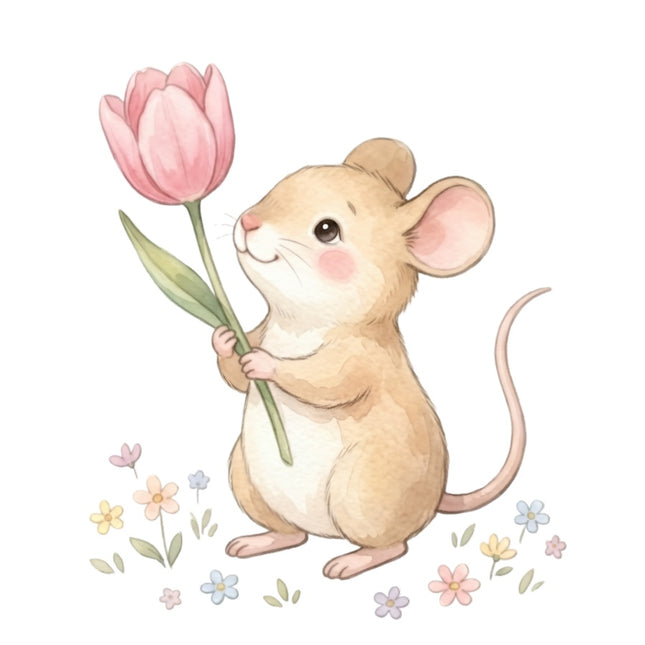 Mouse With Flower 100% Cotton Fabric Panel Block Quilt Square AAB907