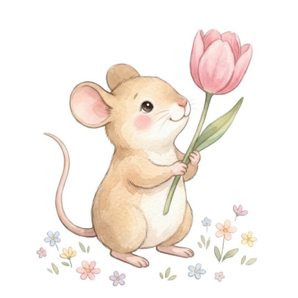 Mouse With Flower 100% Cotton Fabric Panel Block FLIP-AAB907