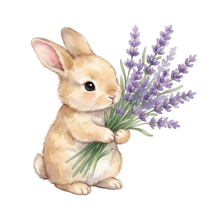 Rabbit Holding Flowers 100% Cotton Fabric Panel Block FLIP-AAB917