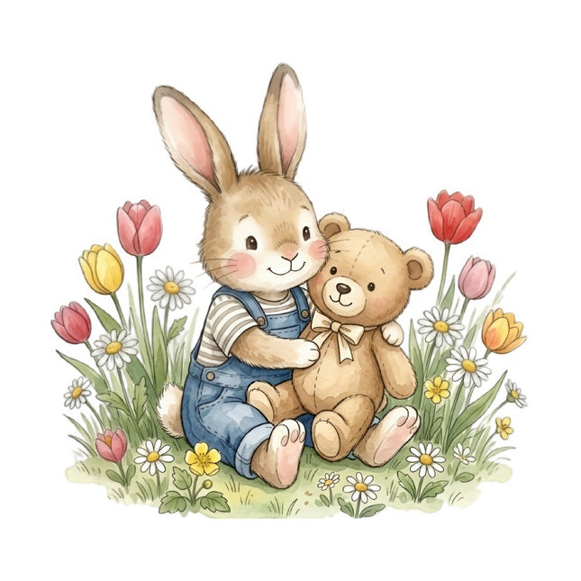Rabbit & Teddy Bear 100% Cotton Fabric Panel Block FLIP-AAB923